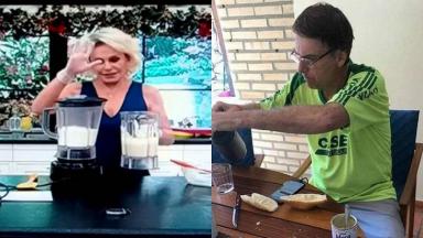 Montagem de foto com Ana Maria usando um liquidificador e de Jair Bolsonaro sentado colocando café num copo 