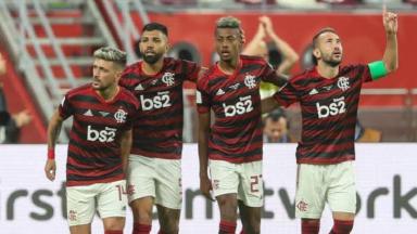 Jogadores do Flamengo comemoram gol na semifinal do Mundial de Clubes 