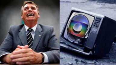 Jair Bolsonaro e uma televisão quebrada com o logo da Globo 
