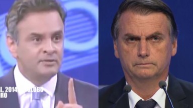 Aécio Neves levantando o dedo e Jair Bolsonaro tenso em debates 