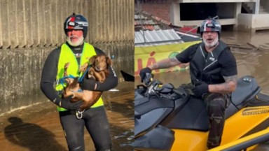 Montagem de duas fotos de Alexandre Frota resgatando cachorro e em jet ski 