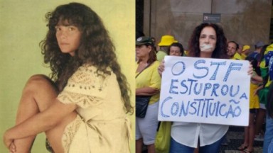 Montagem de Andréa Richa em foto de Pantanal e em imagem atual, com a boca coberta com esparadrapo e um cartaz escrito "O STF estuprou a constituição" em ato bolsonarista 