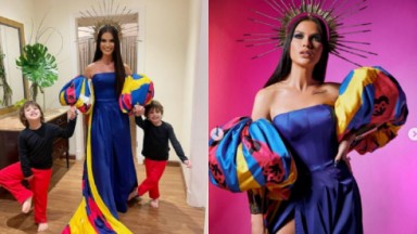 Andressa Suita, com vestido colorido usado no baile da Vogue, posa de mãos dadas com os filhos Samuel e Gabriel 