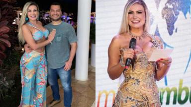 Na montagem de fotos, Andressa Urach e o marido, Thiago Lopes, aparecem abraçados e sorridentes e, ao lado, ela está sorridente usando o colar com o nome do marido no concurso Miss Bumbum 2021 