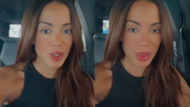 Montagem de duas fotos de Anitta de camiseta preta e cabelo solto, falando para a câmera dentro de carro 