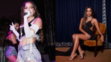 Anitta em dois momentos: cantando, segurando um microfone, de short jeans, top, luvas e a barriga de fora e sentada em uma cadeira com um vestido preto e os cabelos soltos 