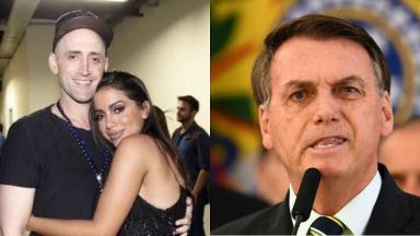 Anitta abraçada com Paulo Gustavo (à esquerda) e Bolsonaro discursando (à direita) em foto montagem 