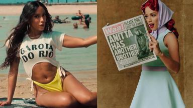 Montagem com Anitta na praia e segurando jornal em divulgação do novo clipe 