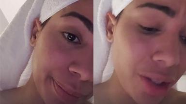 Montagem dos dois lados do rosto da cantora Anitta 