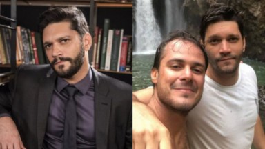 À esquerda, Armando Babaioff posa de terno e gravata como o vilão Diogo de Bom Sucesso; à direita, o ator posa em cachoeira com o namorado, Victor Novaes 