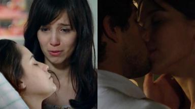 Montagem de fotos com cenas de A Vida da Gente, com Manu chorando ao falar com Ana e, depois, Manu beijando Rodrigo 