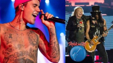 O cantor Justin Bieber e a banda Guns N' Roses  em montagem do NaTelinha 
