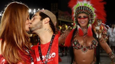 À esquerda, Cíntia Dicker e Pedro Scooby se beijam em camarote do Carnaval do Rio; à direita, Viviane Araújo desfila pela Salgueiro 