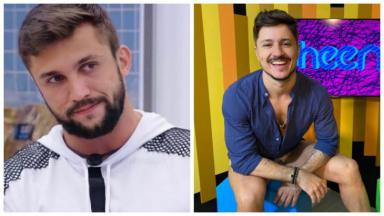 Foto 1: Arthur está na cozinha do BBB21; foto 2: Rafa Vieira está sentado no estúdio do canal Pheeno  