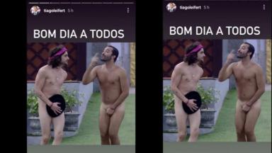 Imagem de Gilberto e Fiuk sem roupa com a mensagem "Bom dia a todos" no Instagram de Tiago Leifert 