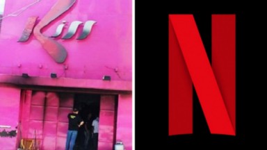 Montagem com fachada da boate Kiss e logo da Netflix 