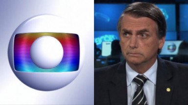 Jair Bolsonaro olhando fixamente nos estúdios do Jornal Nacional. Ao seu lado o logo da Globo 