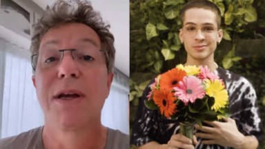 Boninho em selfie; João Guilherme com buque de flores na mão 