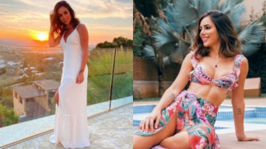 Montagem com fotos de Bruna Biancardi, namorada de Neymar, de pé, com um vestido longo branco e sentada à beira de uma piscina 