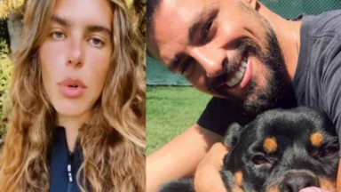 Mariana Goldfarb revoltada; Cauã Reymond posado sorridente com cachorro 