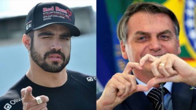Caio Castro apontando o dedo e piscando o olho; Jair Bolsonaro fazendo coração com as mãos 