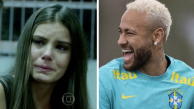 Camila Queiroz chorando em Verdades Secretas e Neymar rindo em treino da seleção 