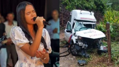 Montagem de fotos de Aclécia Silva cantando e ambulância após acidente 