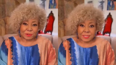 Montagem de duas fotos de Alcione printadas de vídeo postado por ela, de roupa colorida e batom vermelho, falando para a câmera 
