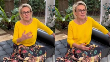 Montagem de fotos de Ana Maria Braga de saia estampada e blusa amarela, falando e gesticulando 