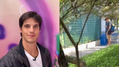Montagem de fotos de Gabriel em sua 1ª selfie pós-BBB e na porta da Globo 