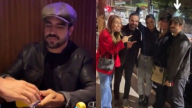 Montagem de fotos de Caio Castro pagando a conta e posando com amigos fora de restaurante 