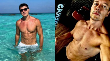 Montagem de duas fotos de Rodrigo Faro sem camisa, no mar e na academia 