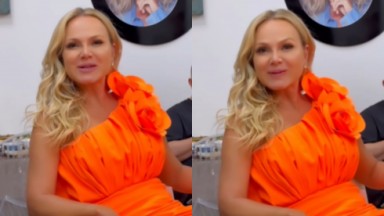 Montagem de fotos de Eliana de roupa laranja, sentada e falando pra câmera 