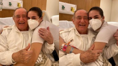 Montagem de fotos de Lívian Aragão e Renato Aragão abraçados em hospital 