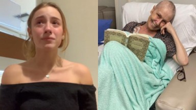 Julia Naspolini chorando; Susana Naspolini lendo livro em hospital 
