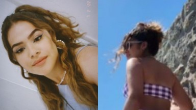Montagem de foto de Maisa Silva de rosto e de costas, de biquíni, na praia 