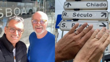Montagem de fotos de Marcos Paiva e Marcos Caruso sorrindo em selfie e mãos com anéis 