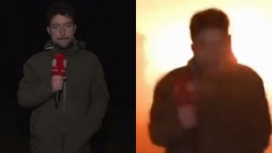 Montagem de fotos de repórter Paul Gasnier segurando microfone, antes e durante explosão de míssil 