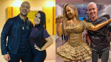 Montagem de fotos de Clevinho Santana com Paulinha Abelha e estátua 