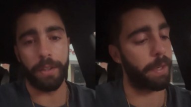 Montagem de fotos de Pedro Scooby com os olhos cheios de lágrimas dentro de carro 