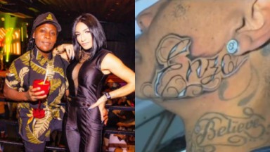 Montagem de fotos de Pepê e Thalyta e da tatuagem que Pepê fez no rosto 