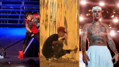 Montagem de três fotos de Justin Bieber, varrendo palco com bandeira, pixando e parado em show sem camisa 