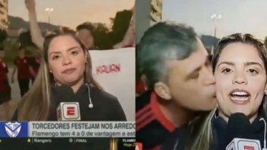 Montagem de fotos de Jéssica Dias sozinha e sendo beijada por assediador 