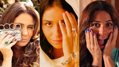 Montagem de três fotos de Giovanna Antonelli, com capinha de celular, anel-pulseira e esmalte azul cobalto 