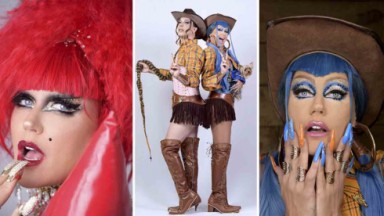 Montagem com Xuxa montada de drag queen do reality Caravana da Drags 