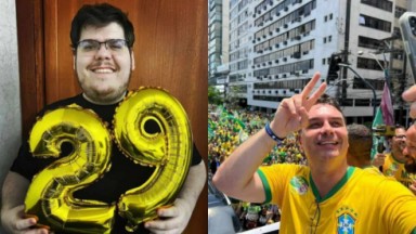 Montagem de Casimiro com balão metalizado com o número 29 e Flávio Bolsonaro com a camisa do Brasil 