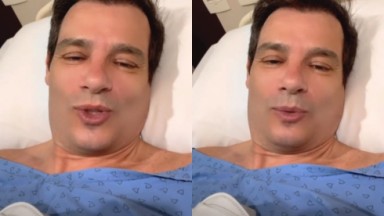 Celso Portiolli deitado em cama de hospital, falando para a câmera 