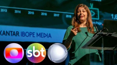 Montagem com as logos da Globo, SBT e Record com CEO do IBOPE 