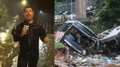 Repórter da Globo com microfone ensopado da chuva; ônibus destruído caído em rio 