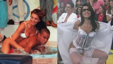 Musa da banheira do Gugu segurando convidado; Tiazinha mostrando lingerie no programa H 